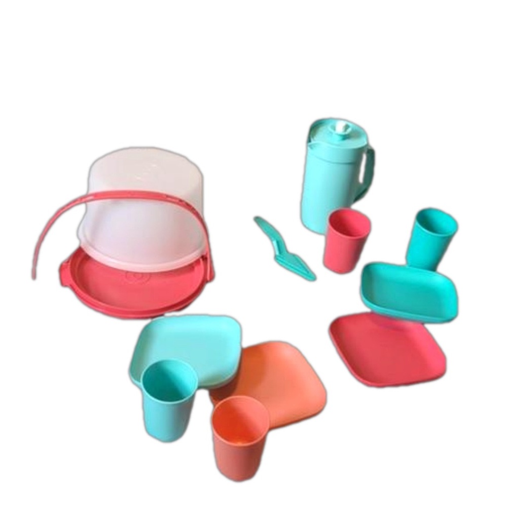 Tupperware Play Dishes Lot Pastel Colorful Plates Cups Pitcher Cake Taker